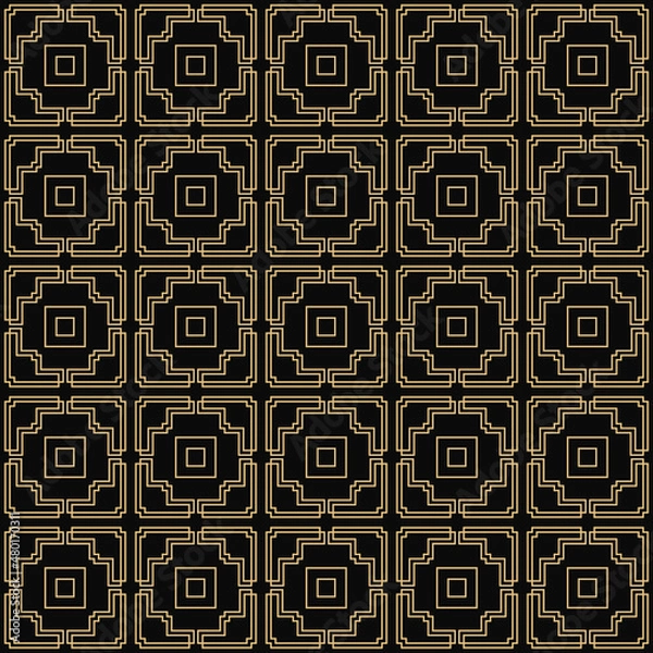 Obraz A seamless Art Deco pattern is depicted on a black background. Geometric gold seamless texture in the shape of a square in Art Deco style.