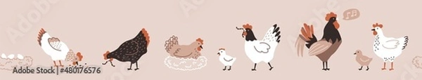 Fototapeta Seamless border. Banner of colorful hen, chicken, chick, rooster and nest with eggs. Chicken farm. Cartoon. Cozy vector illustration. Happy Easter.