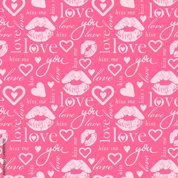 Obraz Pink Seamless pattern with text love and hearts