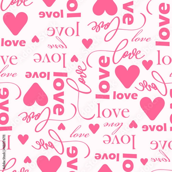 Obraz Pink Seamless pattern with text love and hearts