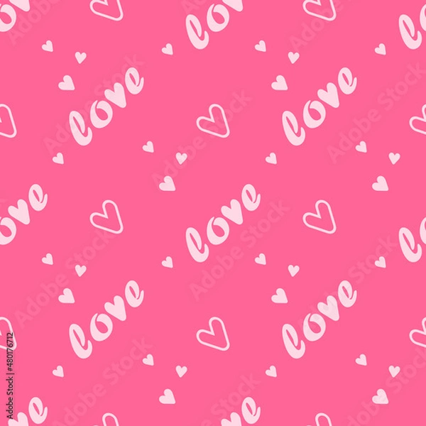Fototapeta Pink Seamless pattern with text love and hearts