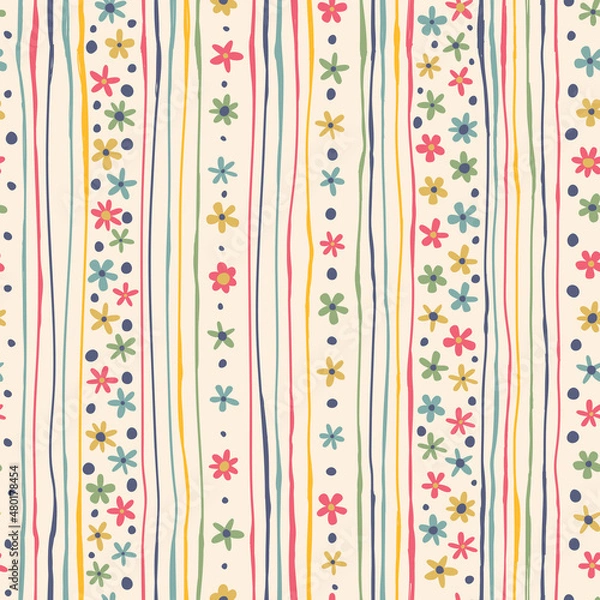 Fototapeta Bright background with strips and flowers. Seamless pattern can be used for wallpapers, fabric, pattern fills, web page backgrounds, surface textures.