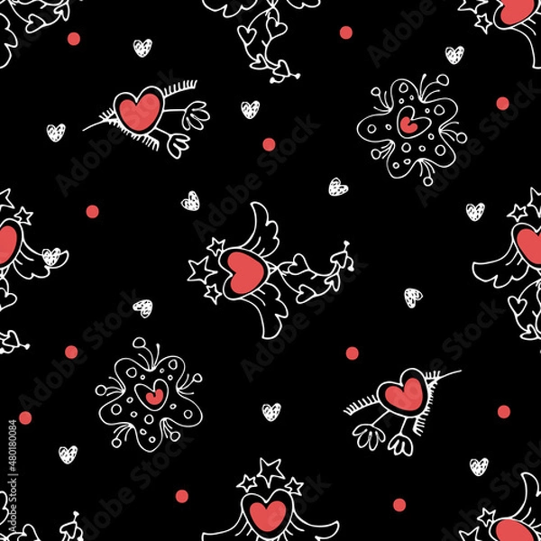 Fototapeta Love Valentines day Hand Drown Hearts Doodles Seamless Pattern. Vector romantic texture on white background. Cute heart with wings. Happy Valentine's day print for wrapping, background, fabric design