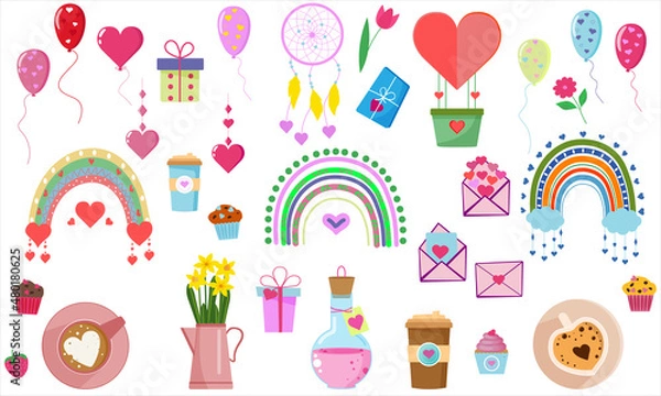 Fototapeta St. Valentine's Day collection of cute elements. Vector set cute objects and elements for Valentine's Day cards: heart, rainbow, dreamcatcher, balloons, sweets, coffee, cake, key, candy, gift box