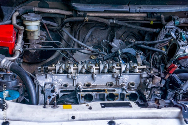 Fototapeta Engines that are heavily used until they are broken, have to open the cylinder head to check for the cause of failure.
