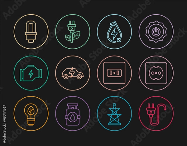 Fototapeta Set line Electric plug, Electrical outlet, Water energy, car, Check engine, LED light bulb, and saving leaf icon. Vector