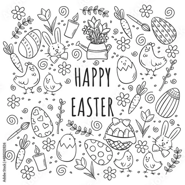 Fototapeta Hand drawn icons set of Easter elements in doodle sketch style. Vector illustration for icon, background, frame design.