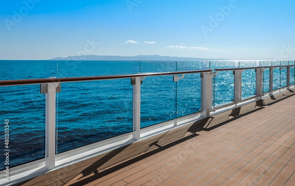 Fototapeta Promenade deck railing of cruise ship.