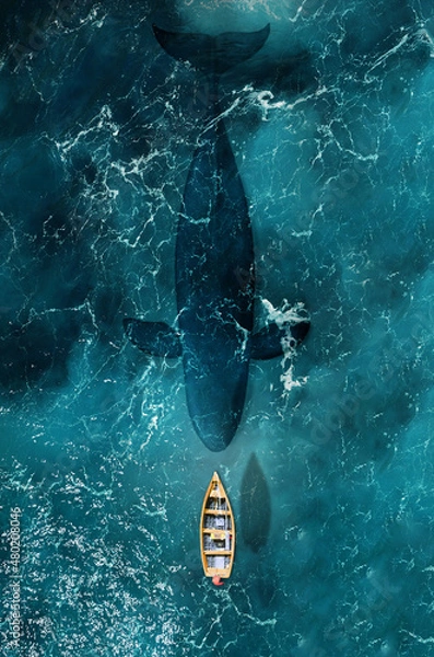 Fototapeta Boat floats next to a big fish, a whale.	
