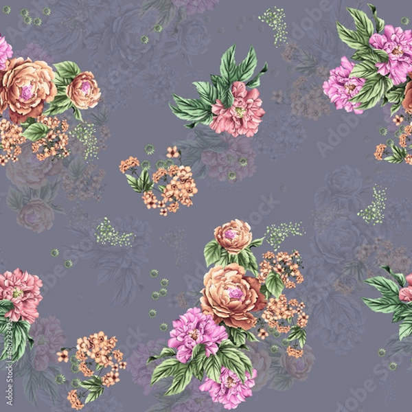 Fototapeta Seamless textile flower design with gray ground
