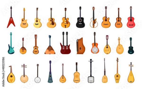 Obraz Collection of guitars of different types. National folk instruments. Detailed illustrations of stringed instruments.