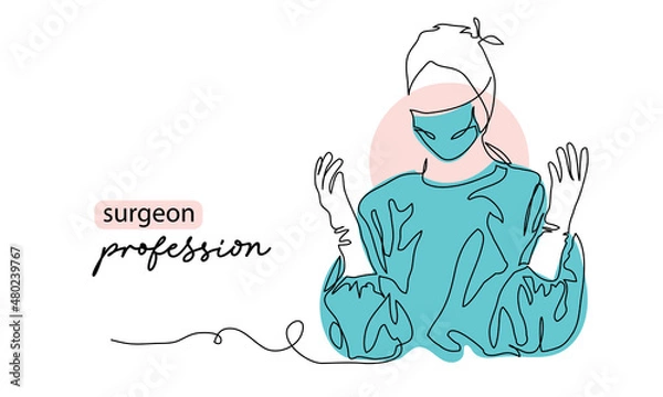 Fototapeta Surgeon portrait, avatar, icon with hands up position. One continuous line art drawing background with surgeon in gloves, mask and uniform