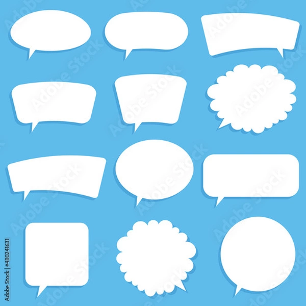 Fototapeta Collection of blank speech bubbles. White different shapes of speech bubbles on blue background. Vector set.