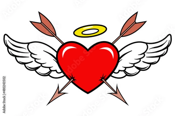 Obraz Valentine's day card. a heart pierced by an arrow. a heart with angel wings and a golden halo. drawing in the style of a tattoo. vector clipart