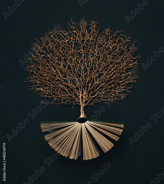 Fototapeta Golden tree growing from the old book, Education and knowledge concept. Flat lay.