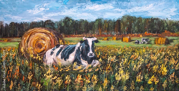 Obraz Cow in the field. Oil painting on canvas. Rustic landscape. Classical Realistic School of Painting