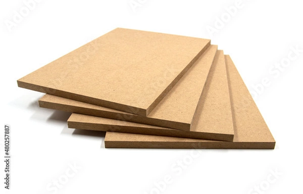 Fototapeta Four boards of raw mdf brown, rectangular in shape, of identical dimensions, arranged in a fan shape, on a white background.