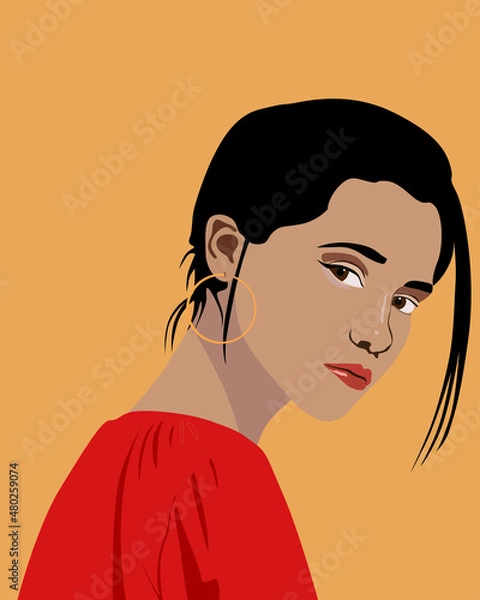 Fototapeta Beautiful vector portrait of brunette girl in red dress