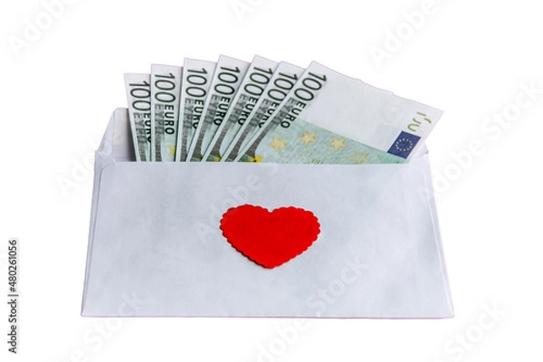 Obraz Paper envelope with 100 euro banknotes and a red heart on a white background. Bills stick out of the envelope as a holiday gift. Conceptual gift for Valentine's Day, wedding, birthday.