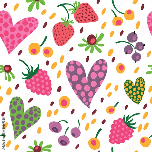 Fototapeta Seamless pattern with hearts, raspberries, strawberries and flowers. Juicy summer style.