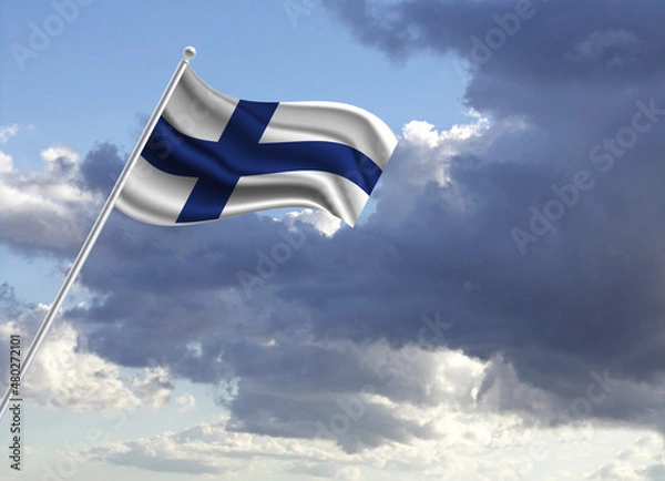 Fototapeta Flag of the Finland on a stick, dark clouds in the background