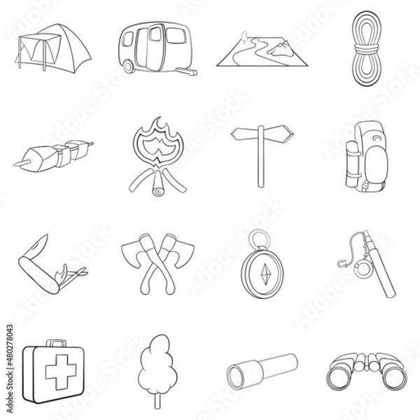 Fototapeta Camping set icons in outline style isolated on white background