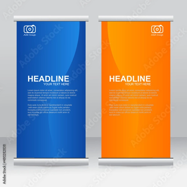 Fototapeta Roll up banner stand template design. Vertical banner template. Universal stand for conference, seminar, exhibitions, promo banner vector background. Modern publication x-banner and flag-banner.