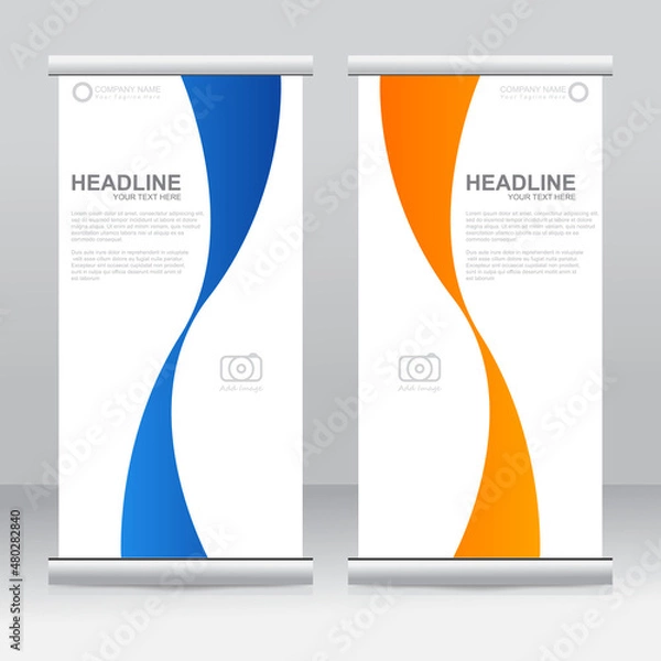 Fototapeta Roll up banner stand template design. Vertical banner template. Universal stand for conference, seminar, exhibitions, promo banner vector background. Modern publication x-banner and flag-banner.