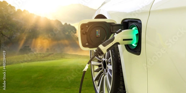 Fototapeta Power supply connect to electric car with nature background. Technology transport which are the future of the Automobile. Concept of reduce pollution, environment , Save the earth	