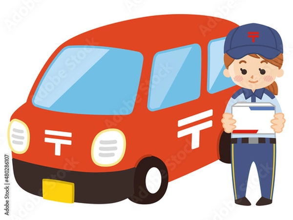 Fototapeta 郵便局員の女性と郵便車