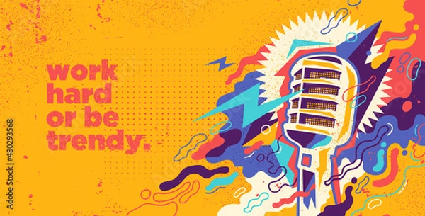 Obraz Colorful background in abstract style with retro microphone and splashing shapes. Vector illustration.