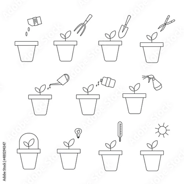 Fototapeta Icons with images of various stages of growing plants in pots: watering, loosening, processing, pruning, watering and others. Suitable for use on websites, in articles, labels. 