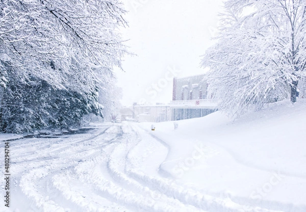 Fototapeta Snow Covered Parking Lot in Virginia First Snow in January 2022