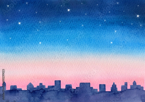 Obraz 都会の夜明けの空　水彩イラスト