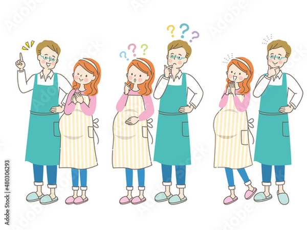 Fototapeta 妊娠中の女性とエプロン姿の夫のセット