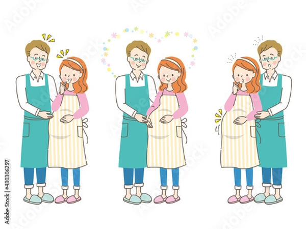 Fototapeta 妊娠中の女性とエプロン姿の夫のセット