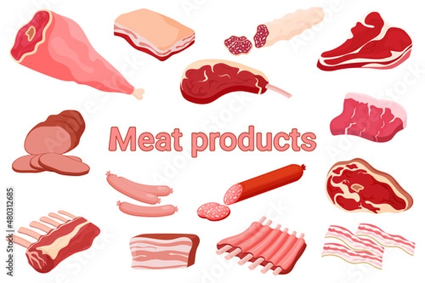 Fototapeta Meat products poster.A set of illustrations for a butcher shop.Beef steak, pork ham,bacon,carbonate,tenderloin, sausage, sausages, pork and beef ribs.Collection of elements for design.