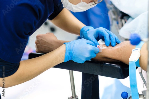 Fototapeta The doctor inserts a dropper needle into a vein in the patient's arm. Selective focus. Doctor in sterile gloves and a protective mask. Intravenous administration of drugs through a catheter. 