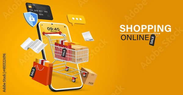 Obraz Shopping Online on Website or Mobile Application Vector Concept Marketing and Digital marketing.Online shopping store with mobile , credit cards and shop elements.Vector illustration.	
