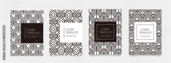 Obraz 4種類の黒のジオメトリックパターンのベクターカバーデザインセット。ビジネスのパンフレット、カード、パッケージ、ポスターの背景として。