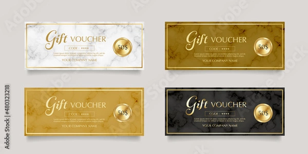Fototapeta 4色の大理石にゴールドのあしらいのギフト券のベクターイラストセット