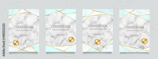 Obraz 大理石とブルーと金のジオメトリック背景に金色のラベルのベクターカバーデザインセット。ビジネスのパンフレット、カード、パッケージ、ポスターの背景として。
