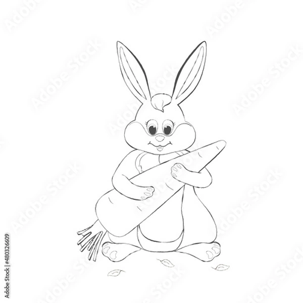 Obraz A linear drawing Easter bunny holding a large carrot, Vector illustration..