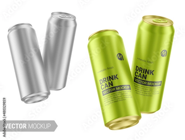 Obraz Two metallic drink cans mockup. Vector illustration.