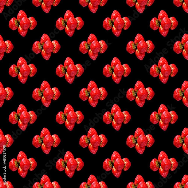 Obraz Strawberry berries laid out in a line, isolated on a black background, reticulated pattern, pattern, template, banner