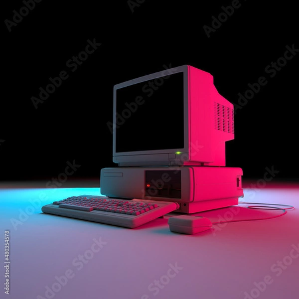 Fototapeta Vintage Desktop PC with Blank Screen in Neon Light. 3D Rendering.