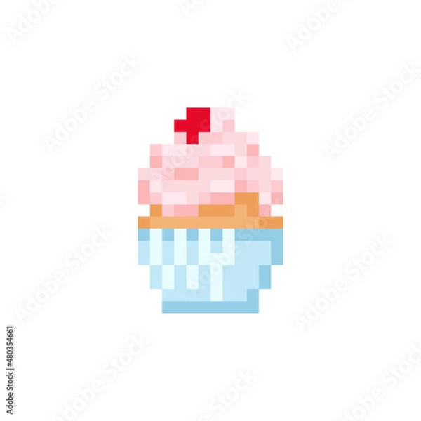 Fototapeta Pixel art mac cupcake aron illustration. Vector pixel sweet cake in pixelated mosaic retro game style. 8 bit vintage decor for valentine day. Pixel dessert with cream isolated icon on white background