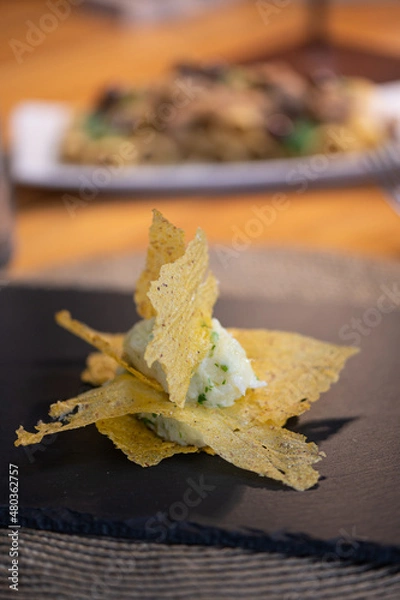 Fototapeta Cod with herbs and polenta chips