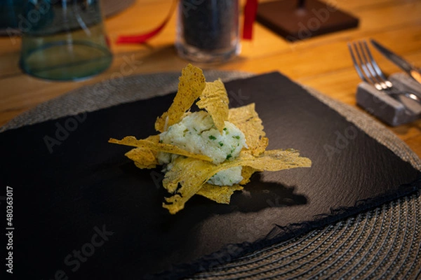 Fototapeta Cod with herbs and polenta chips