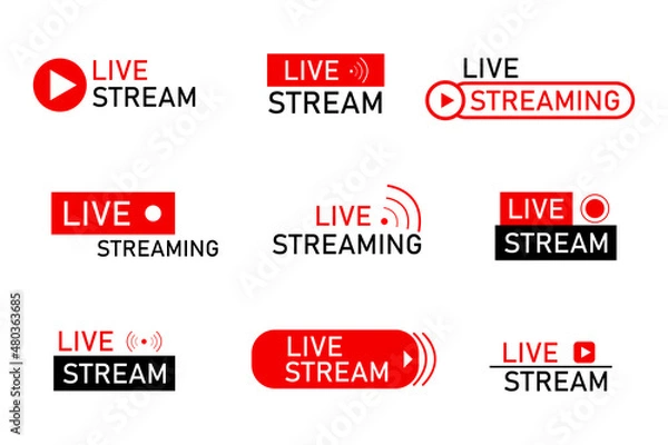 Fototapeta Live streaming icons. Button, red symbols for news, TV, movies, shows. Vector